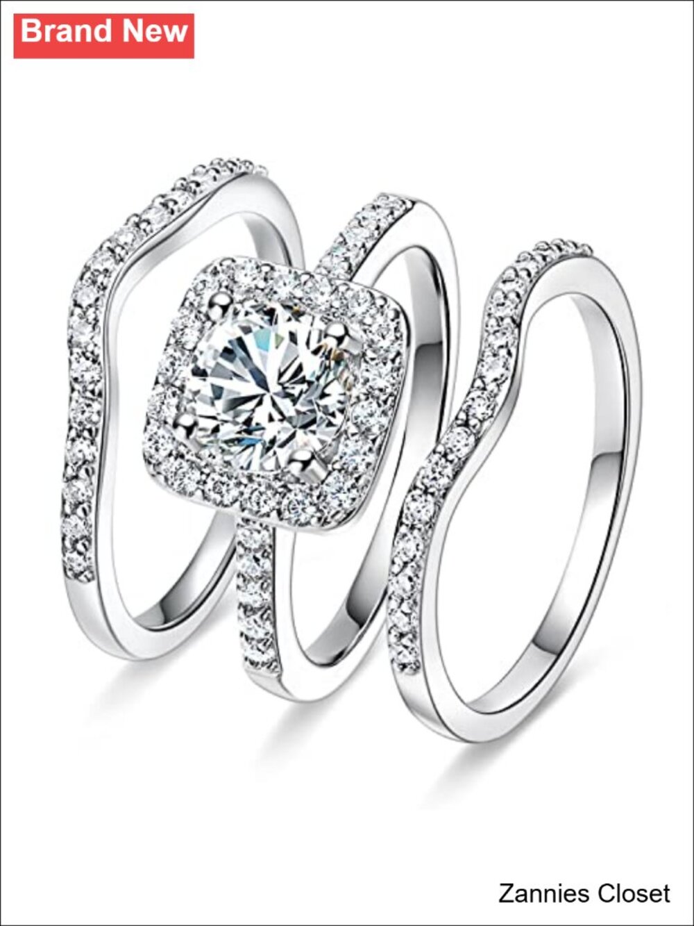 💍 18K White Gold Plated Cubic Zirconia Three-in-One Halo Wedding Engagement